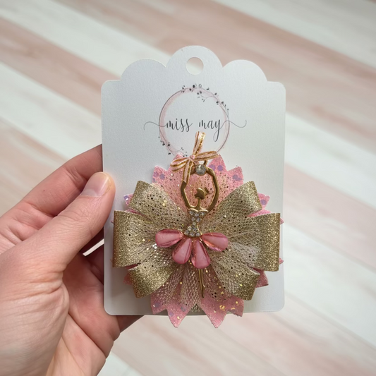 Statement girls bow clip in pink and gold with layered tulle and sparkles