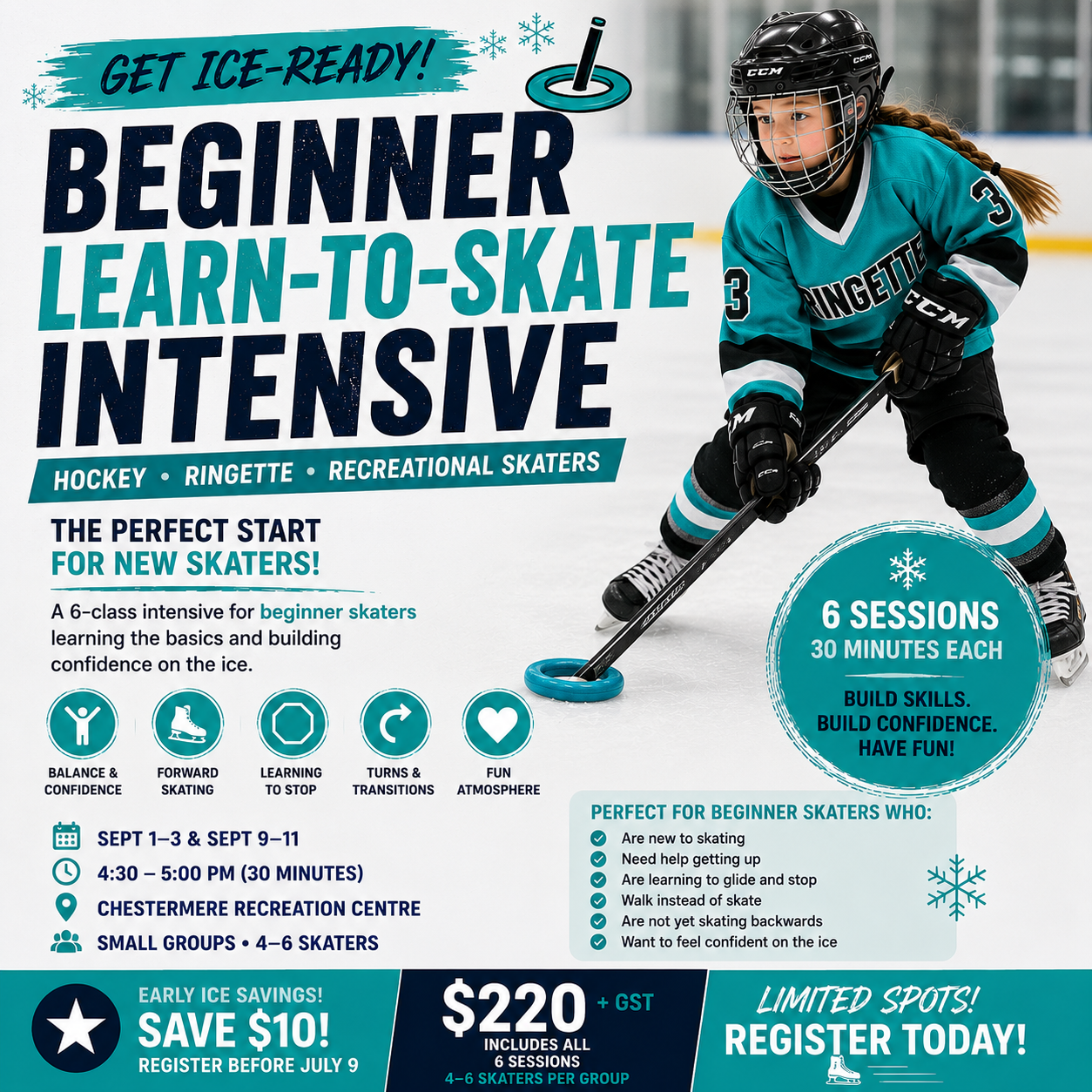 Beginner Learn-to-Skate Intensive for hockey, ringette and recreational skaters at Chestermere Skating School.
