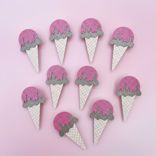 Chocolate ice cream cone bow hair clip with pink glitter drizzle for babies and toddlers