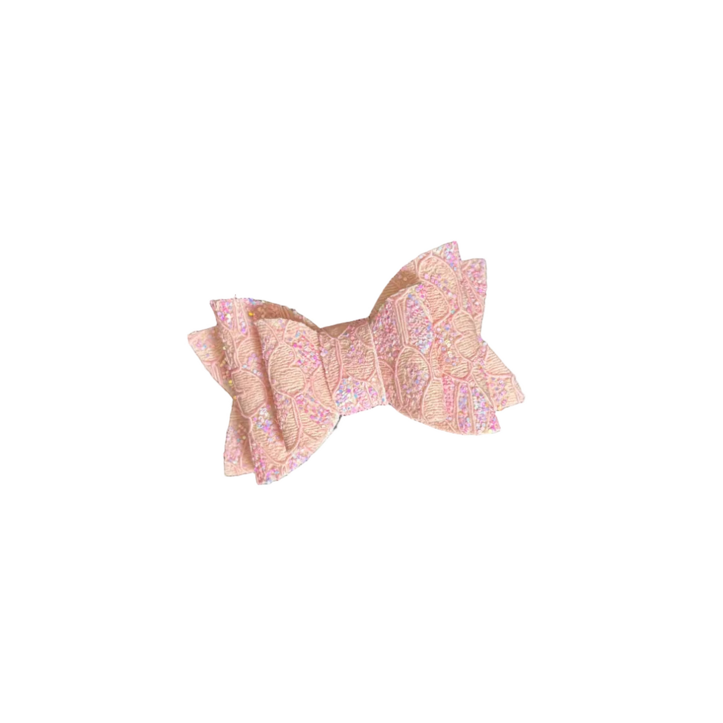 Pastel lace faux leather glitter bow in soft pink on white background
