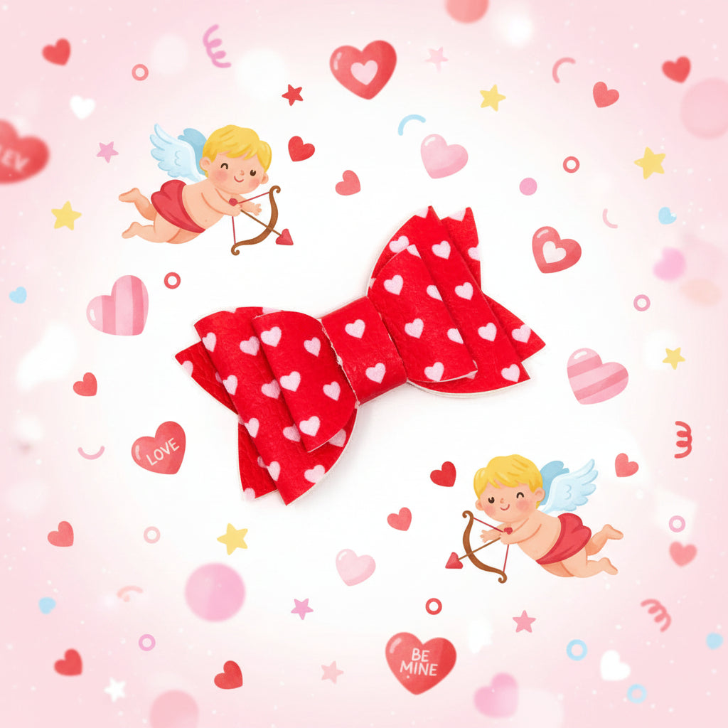 Red hair bow clip with light pink hearts for babies and toddlers Valentine’s Day accessory