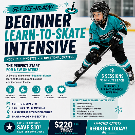 Beginner Learn-to-Skate Intensive for hockey, ringette and recreational skaters at Chestermere Skating School.