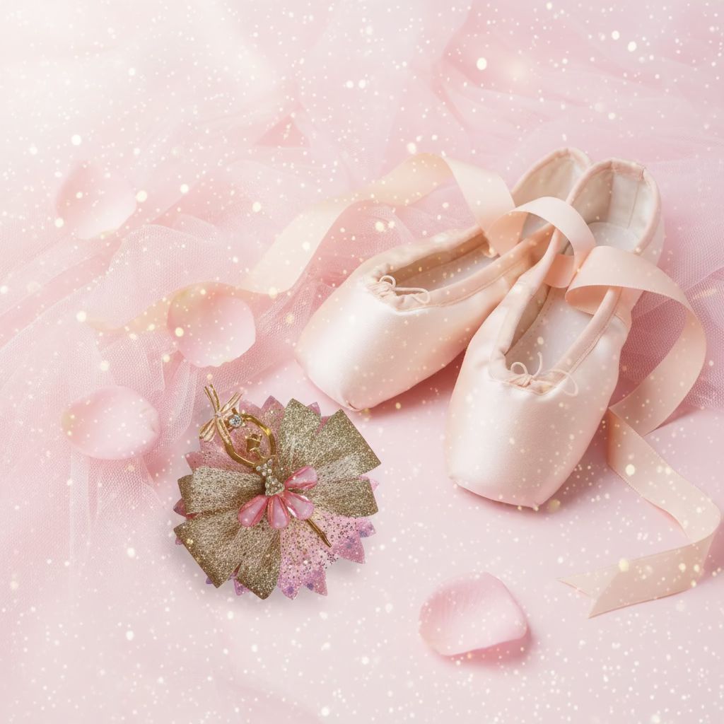 Ballerina pink and gold glitter tulle hair bow with faux leather and gem detail on clip