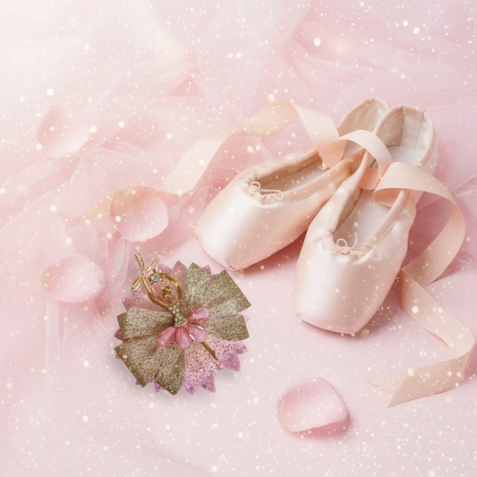 Ballerina pink and gold glitter tulle hair bow with faux leather and gem detail on clip