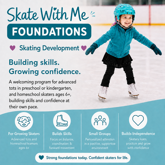 Young child skating independently during the Skate With Me Foundations program at Chestermere Skating School. Small group skating lessons focused on confidence, stopping, backward skating, and foundational skating development.