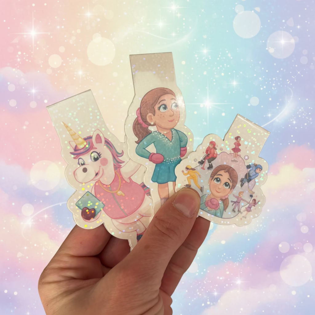 Hand holding two colorful bookmarks from the book when i become an ice skater by caitlin bowers