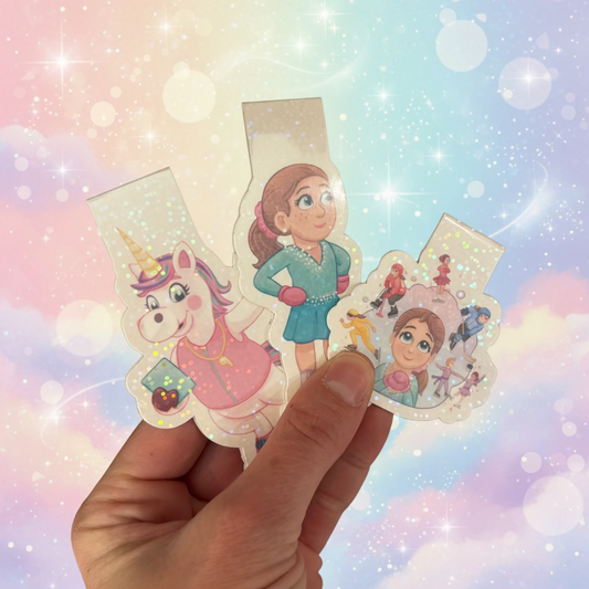 Hand holding two colorful bookmarks from the book when i become an ice skater by caitlin bowers