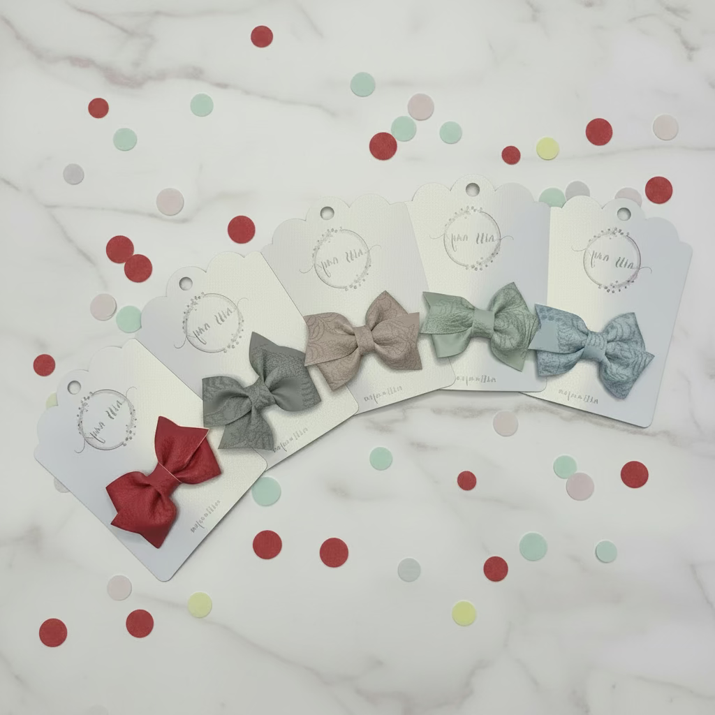 Set of embossed faux leather bows in neutral pastel colours including red, blue, grey, pink cream, and green hair accessories for kids