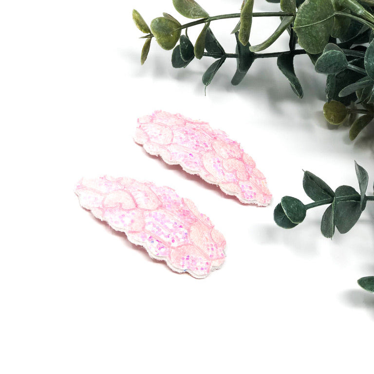 Pink lace glitter snap hair clip set of 2 for girls