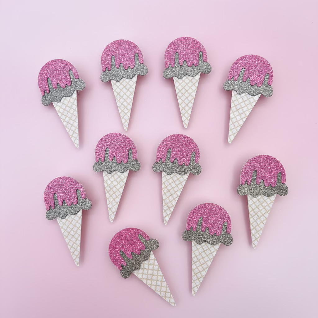 Chocolate ice cream cone bow hair clip with pink glitter drizzle for babies and toddlers