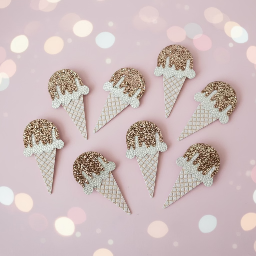 Vanilla ice cream cone bow hair clip with brown chunky glitter drizzle for babies and toddlers