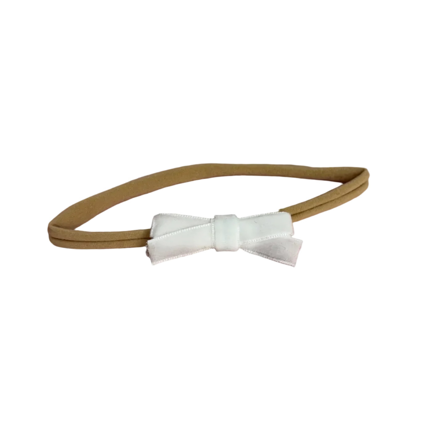 White bow on a beige headband with a white background