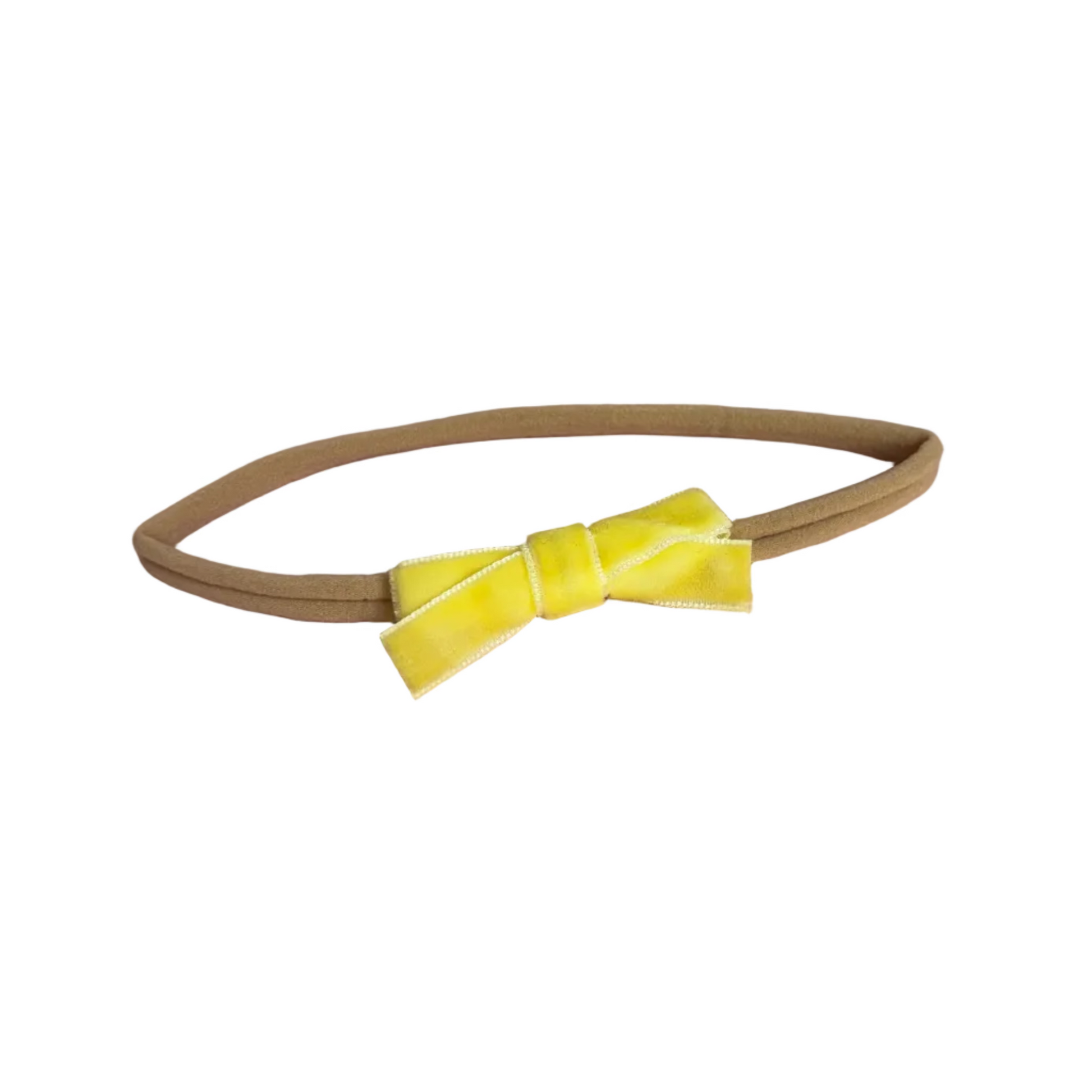 Beige headband with a yellow velvet bow on a white background