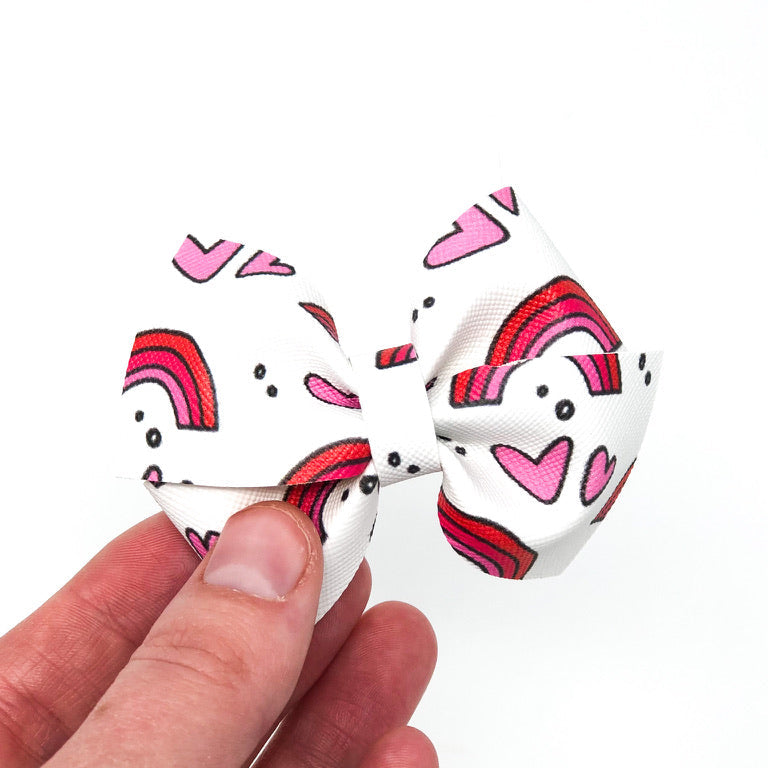 Rainbow and heart themed handmade hair bow for children
