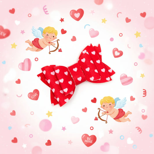 Red hair bow clip with light pink hearts for babies and toddlers Valentine’s Day accessory