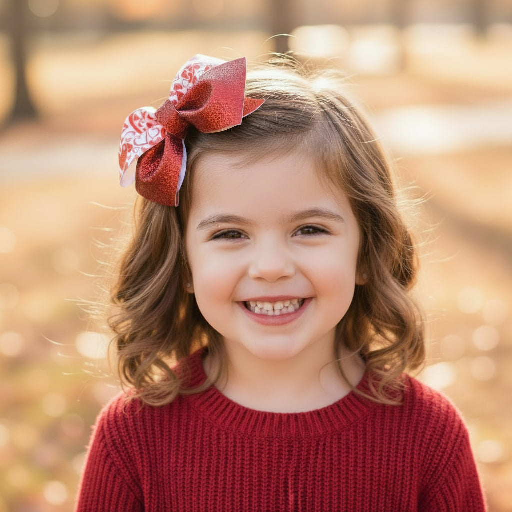 Red and white heart patterned boutique hair bow for kids