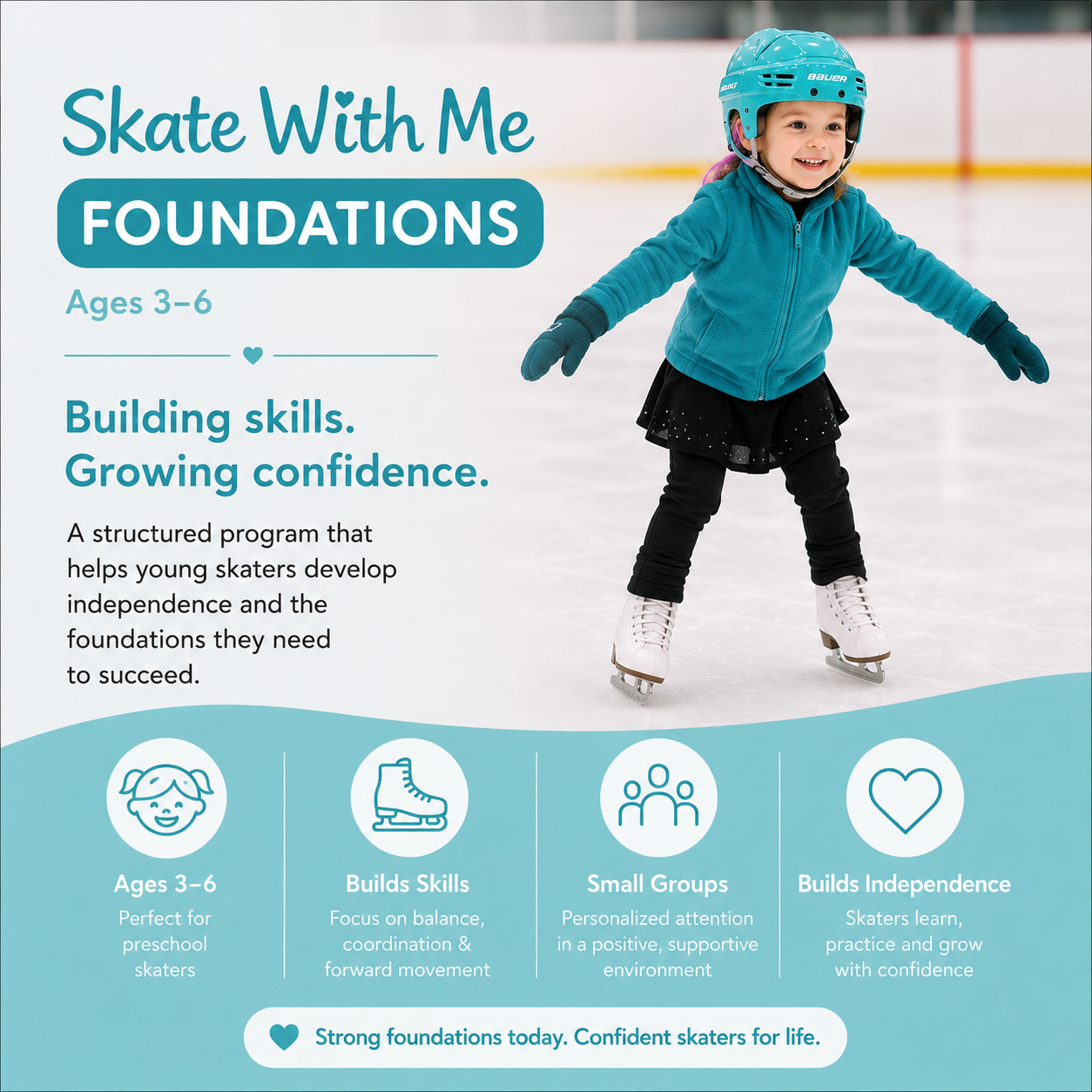 Young child skating independently during the Skate With Me Foundations program at Chestermere Skating School. Small group skating lessons focused on confidence, stopping, backward skating, and foundational skating development.