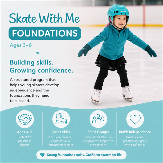 Young child skating independently during the Skate With Me Foundations program at Chestermere Skating School. Small group skating lessons focused on confidence, stopping, backward skating, and foundational skating development.