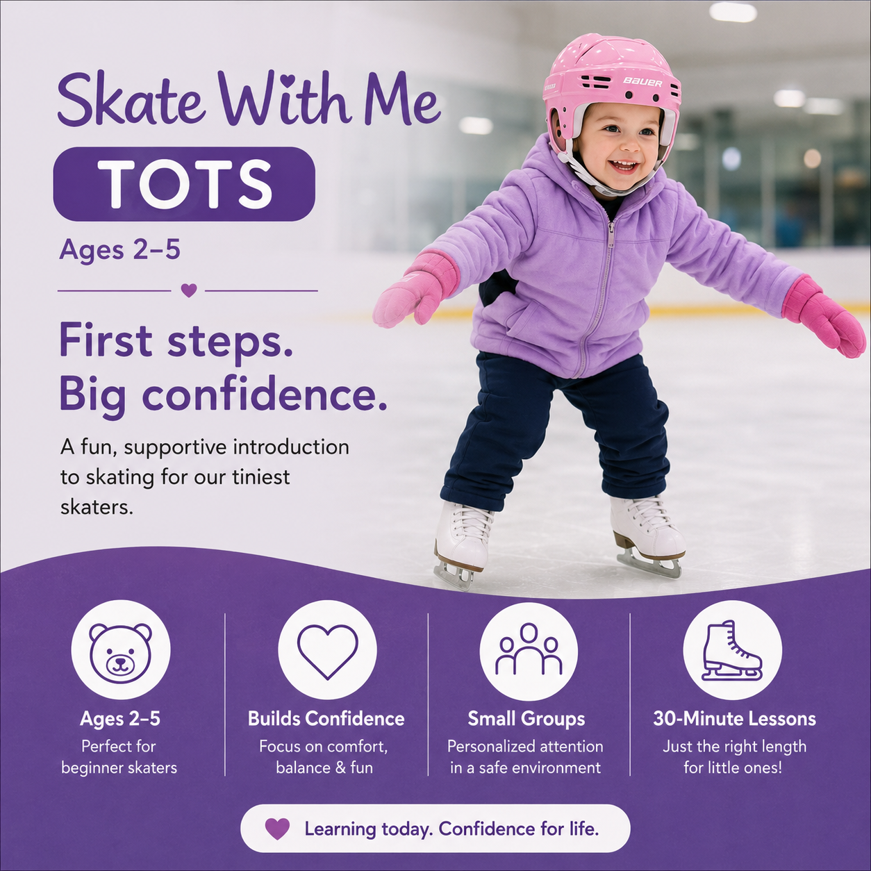 Young child learning to skate during the Skate With Me Tots beginner skating program at Chestermere Skating School. Small group learn-to-skate lessons focused on confidence, balance, and foundational skating skills for young children.
