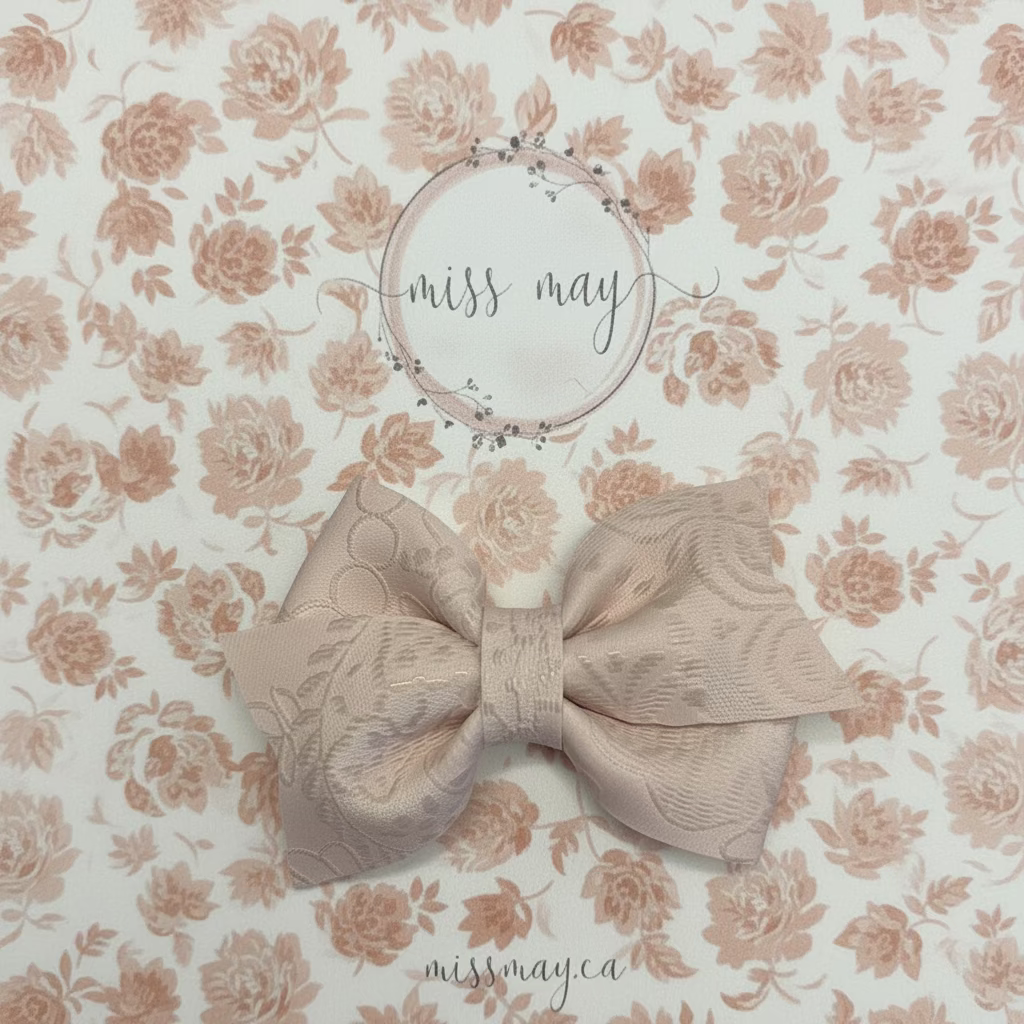 Soft pink cream embossed faux leather bow hair clip, elegant neutral pastel hair accessory for kids