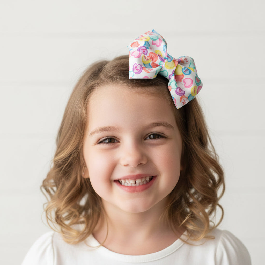 Pink and red sweethearts themed handmade hair bow