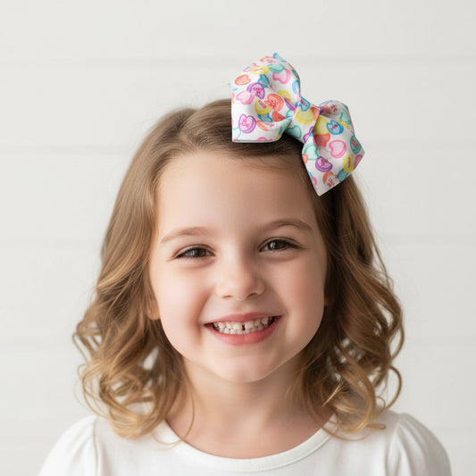 Pink and red sweethearts themed handmade hair bow